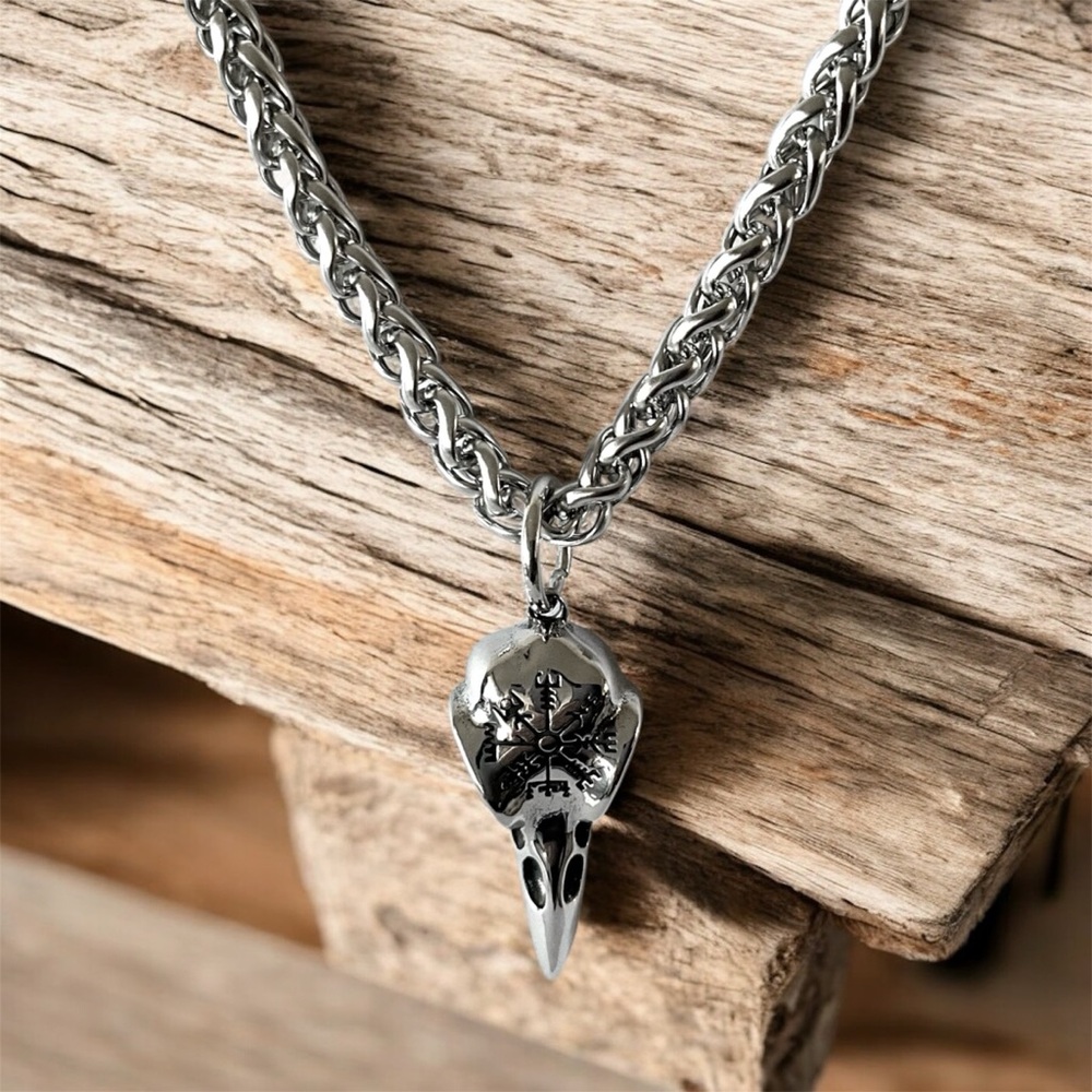 Large Stainless Steel Viking Style Men’s Bird Skull Pendant Necklace